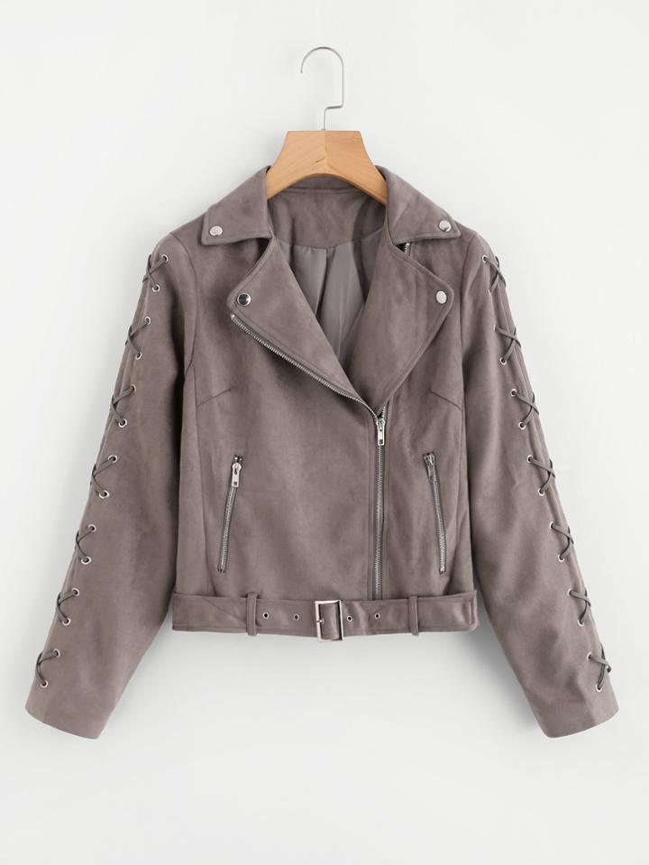 Shein Criss Cross Sleeve Suede Jacket