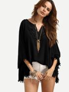 Shein V Cut Lace Insert Pom Pom Trim Blouse