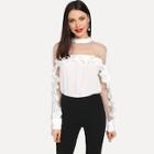 Shein Diamond Mesh Shoulder Ruffle Trim Top