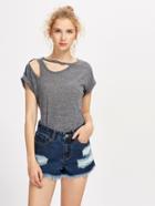 Shein Cut Out Rolled Sleeve Marled Tee