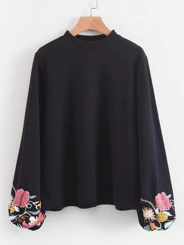 Shein Embroidered Lantern Sleeve Blouse