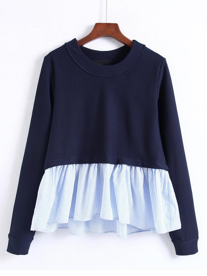Shein Pinstriped Frill Hem Babaydoll Sweatshirt