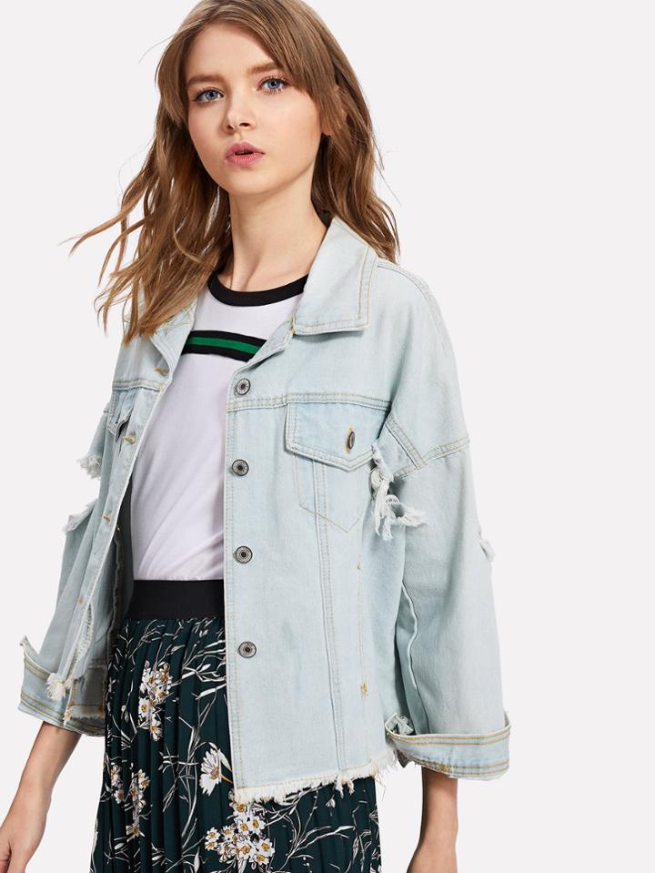 Shein Raw Hem Drop Shoulder Ripped Denim Jacket