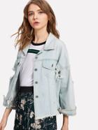 Shein Raw Hem Drop Shoulder Ripped Denim Jacket