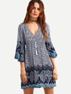 Shein Double V-neck Bell Sleeve Multicolor Paisley Print Dress