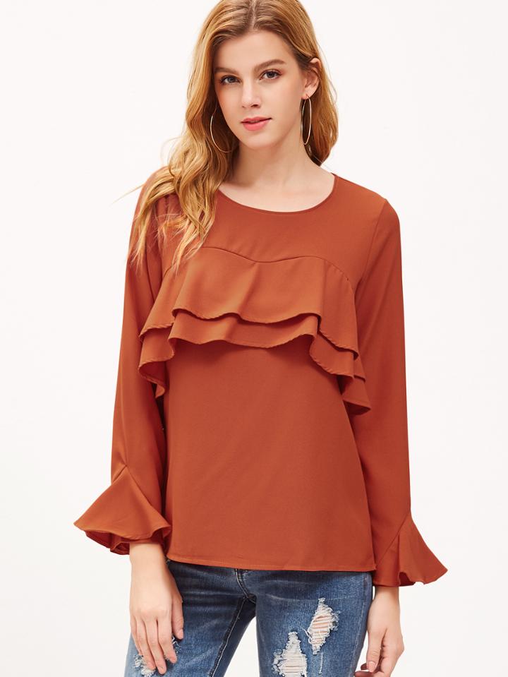 Shein Orange Keyhole Back Ruffle Trim Blouse