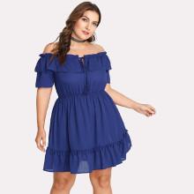 Shein Plus Tassel Detail Ruffle Hem Tied Bardot Dress