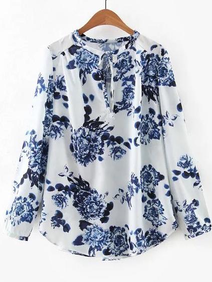 Shein White Floral Tie Neck Blouse