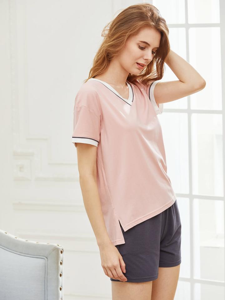 Shein Striped Trim Tee With Shorts Pajama Set