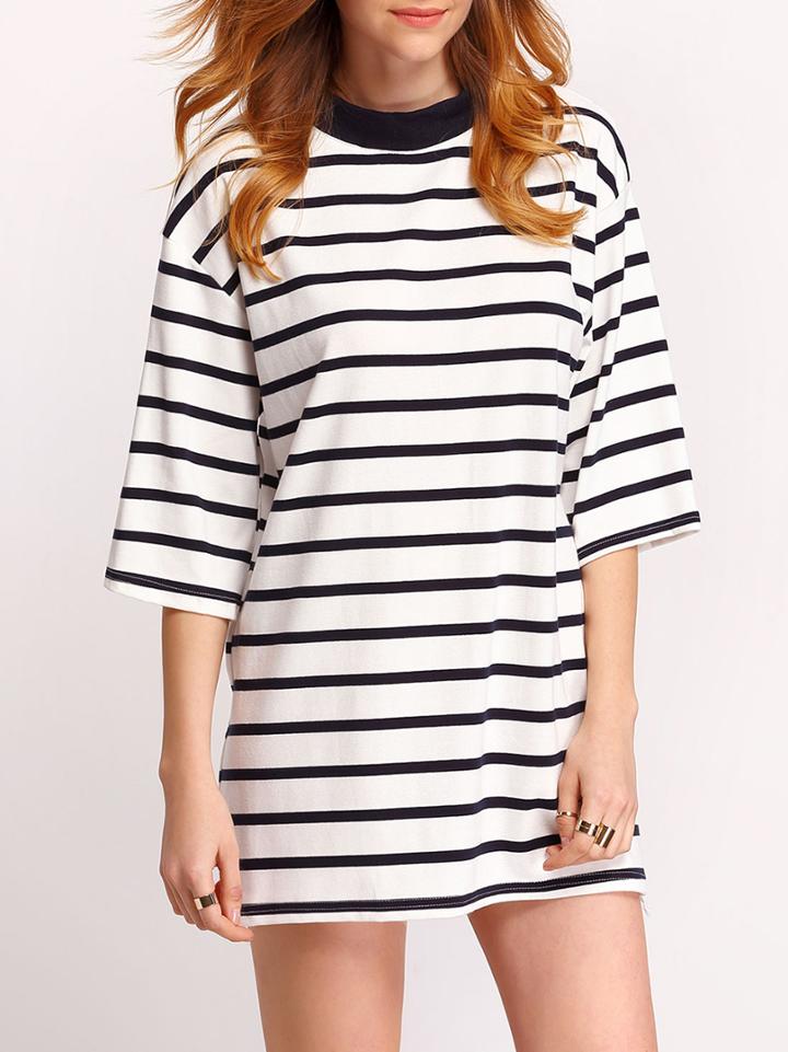Shein Black White Crew Neck Striped Loose Dress