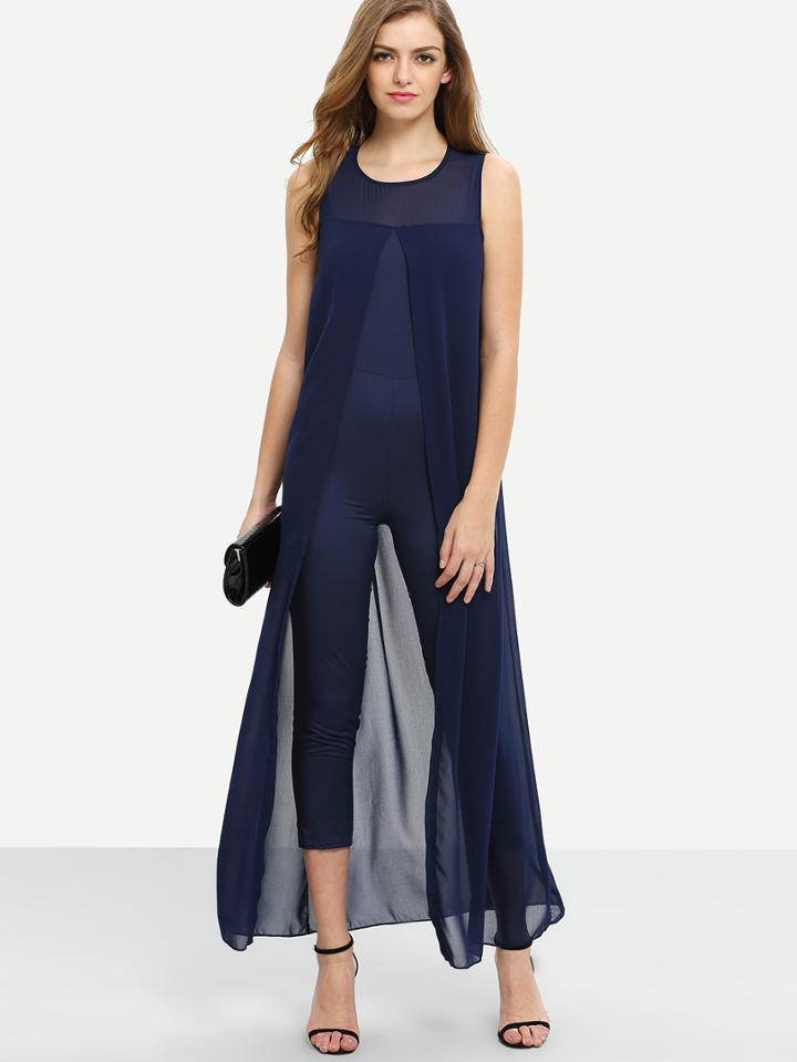 Shein Chiffon Overlay Skinny Jumpsuit - Navy