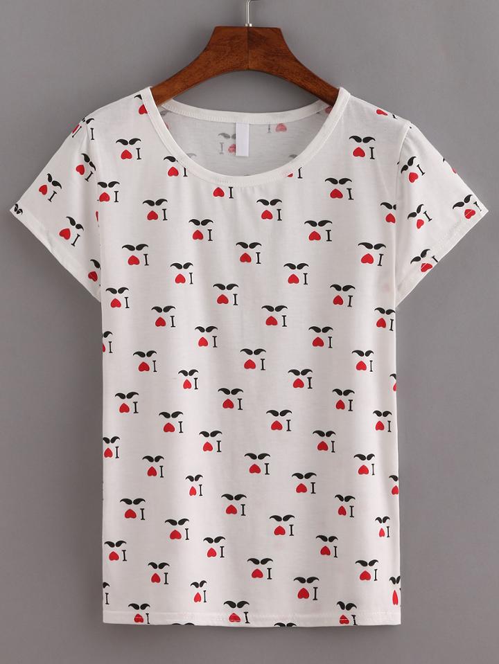 Shein Moustache Print White T-shirt