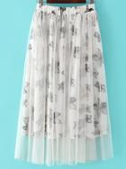 Shein White Flower Print Mesh Pleated Skirt