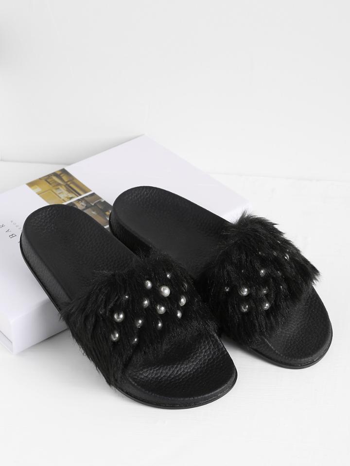 Shein Faux Fur Flat Slippers With Faux Pearl