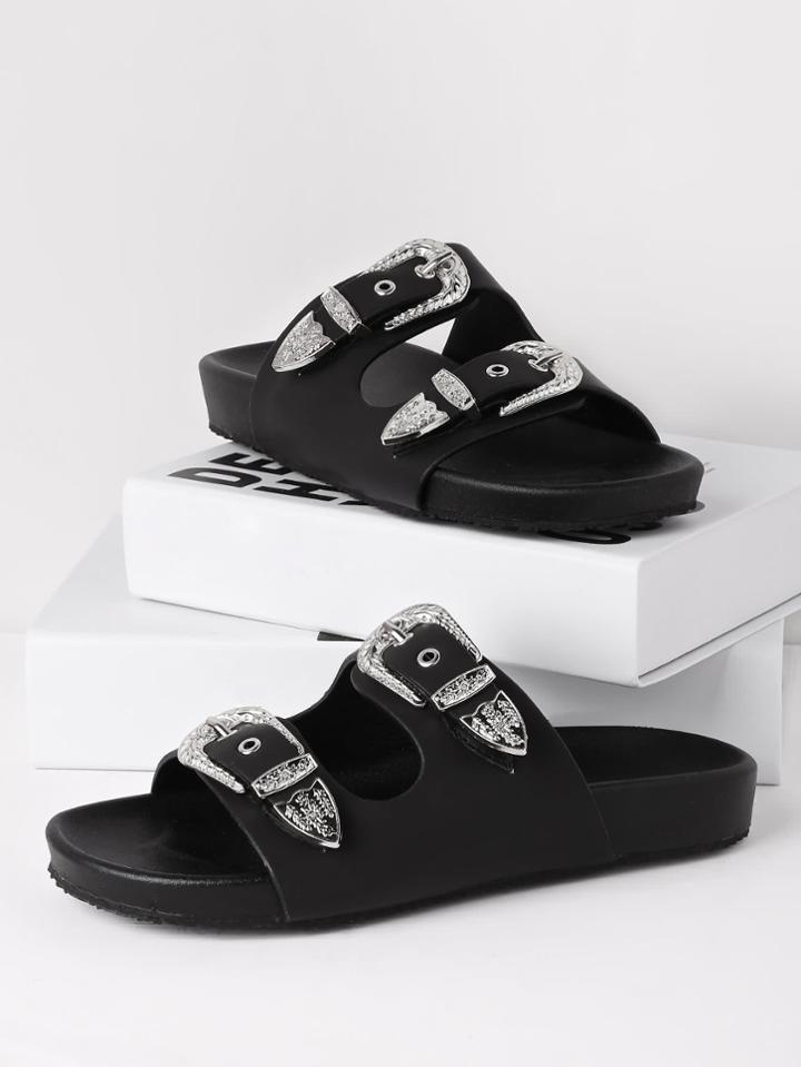Shein Double Buckle Design Pu Slides