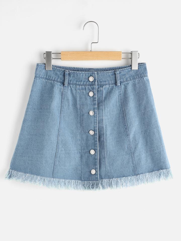 Shein Single Breasted Frayed Hem Denim Skirt