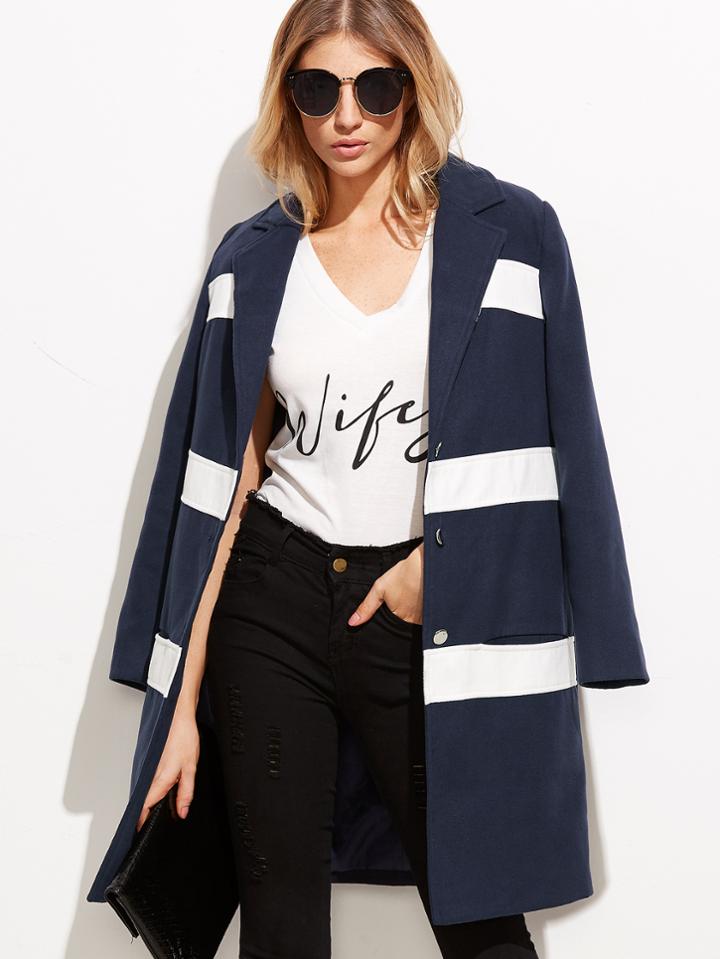 Shein Navy Stripe Pocket Single Breasted Long Coat