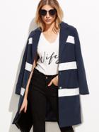 Shein Navy Stripe Pocket Single Breasted Long Coat
