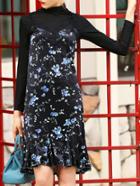 Shein Black Blue Spaghetti Strap Flowers Print Dress