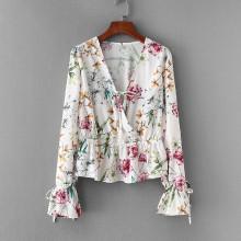 Shein Botanical Print Surplice Ruffle Hem Blouse