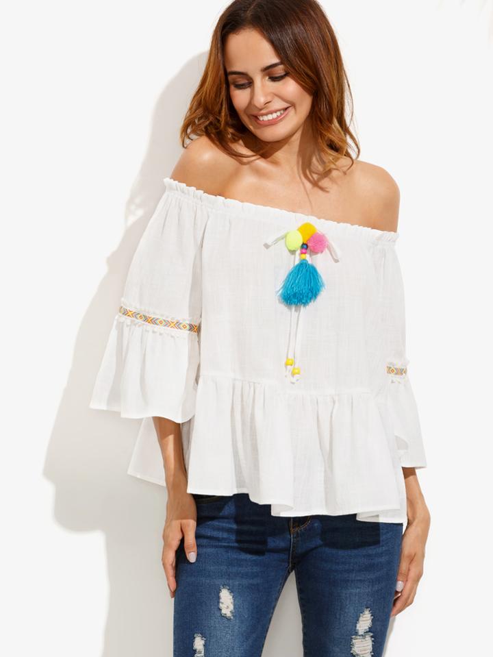 Shein Bardot Neckline Pom Pom Detail Frill Blouse