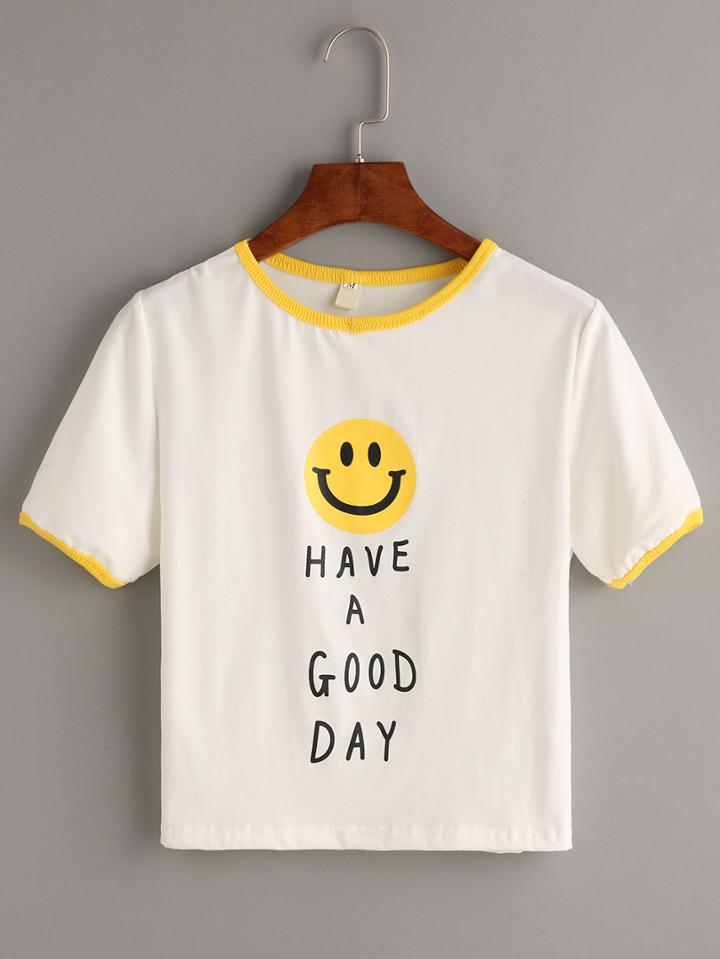 Shein White Smiley Face Print Contrast Trim T-shirt