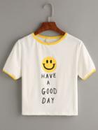 Shein White Smiley Face Print Contrast Trim T-shirt