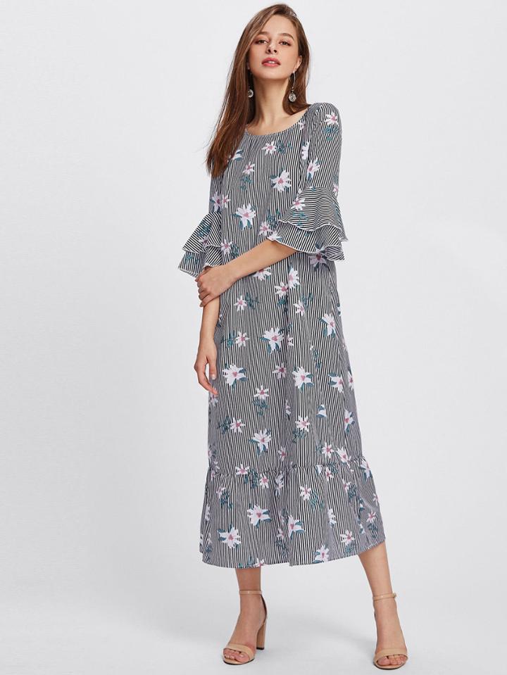 Shein Layered Bell Sleeve Mixed Print Ruffle Hem Dress