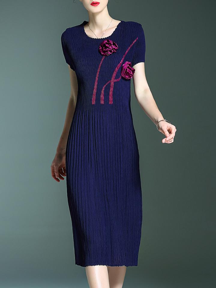 Shein Purple Elastic Pleated Flowers Applique Shift Dress