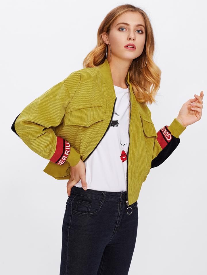 Shein Contrast Panel Letter Detail Corduroy Jacket