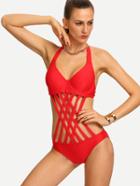 Shein Halter Neck Lattice Front Monokini - Red