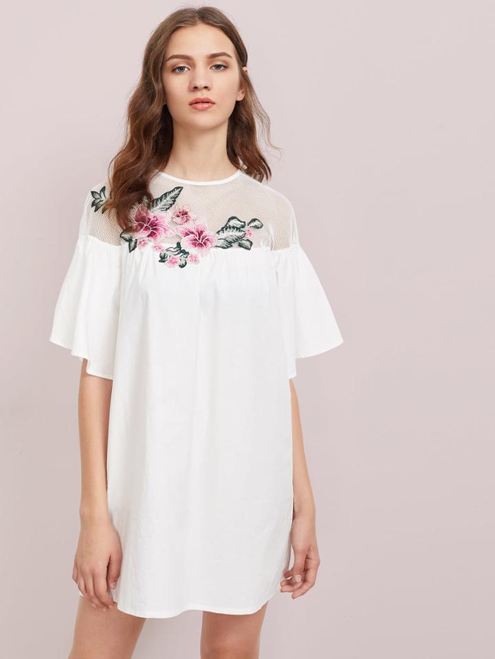 Shein Embroidered Flower Patch Fishnet Yoke Smock Dress