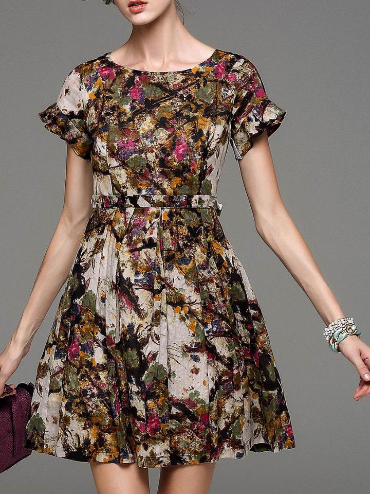 Shein Multicolor Ruffle Sleeve Print A-line Dress