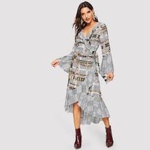 Shein Mixed Print Surplice Wrap Ruffle Knot Dress