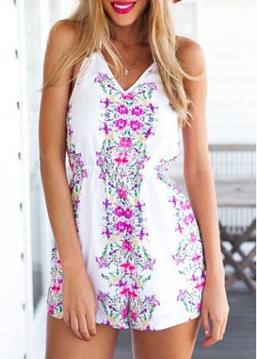 Rosewe Open Back Chiffon White Printed Halter Romper