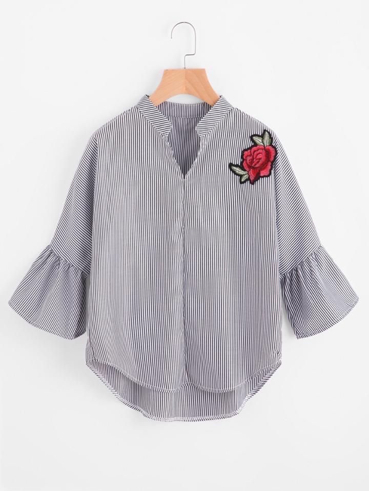 Shein Pinstripe Appliques Trumpet Sleeve Dip Hem Blouse