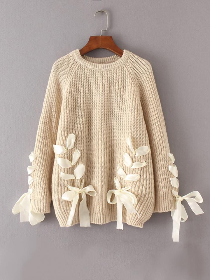 Shein Lace Up Bow Tie Raglan Sleeve Sweater