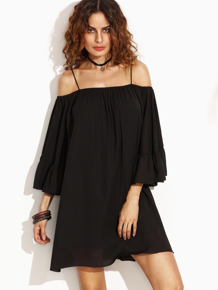 Shein Black Spaghetti Strap Cold Shoulder Shift Dress