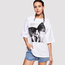 Shein Bow Tie Pearl Graphic Tee
