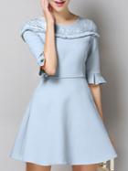 Shein Blue Round Neck Half Sleeve Contrast Lace A-line Dress