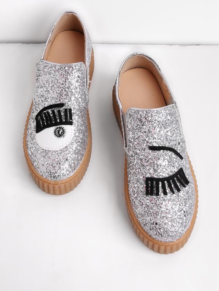 Shein Eyelash Pattern Glitter Slip On Plimsolls