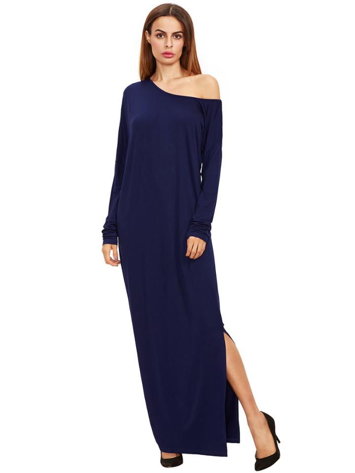Shein Royal Blue Oblique Shoulder Boatneck Bat Sleeve Slit Dress