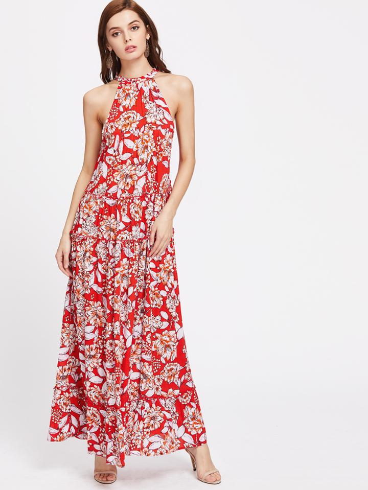 Shein Drawstring Halter Neck Frilled Tiered Floral Dress