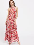 Shein Drawstring Halter Neck Frilled Tiered Floral Dress