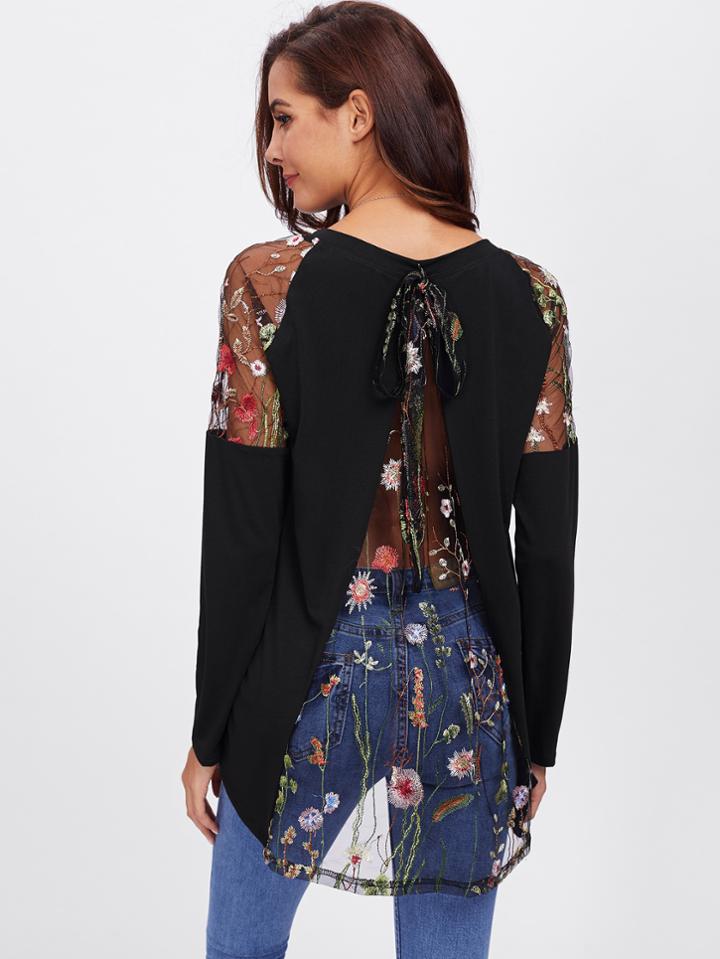 Shein Embroidered Botanical Mesh Insert Tee