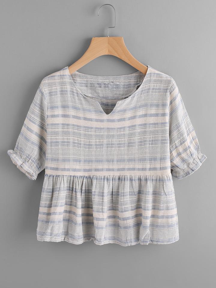 Shein V Cut Striped Frill Hem Blouse