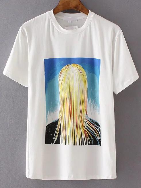 Shein White Girl Print Short Sleeve T-shirt