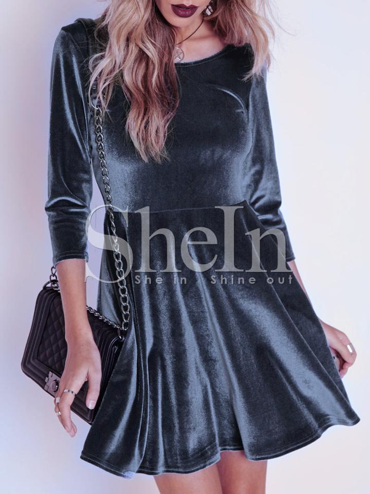 Shein Grey Round Sleeve Pleated Dress