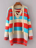 Shein Color Block Lace Up V Neckline Jumper Sweater