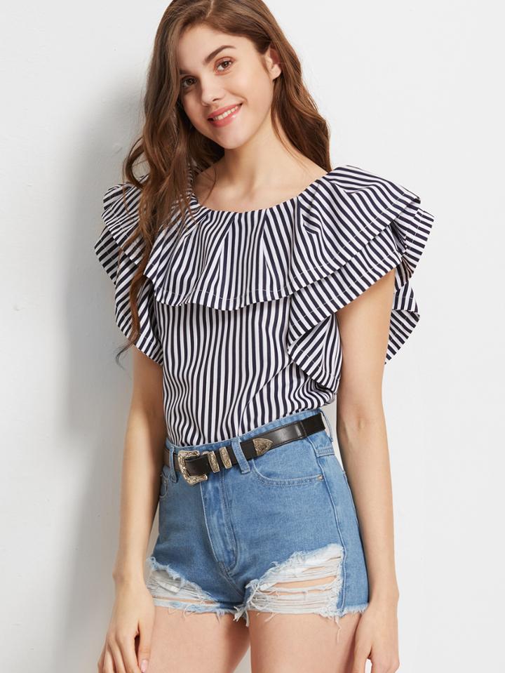 Shein Vertical Striped Ruffled Boat Neck Top